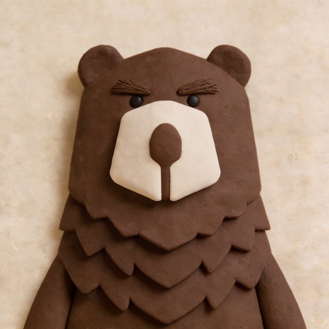 Generated for Kova. The same bear mark sculpted in brown modelling clay, with a cream snout and layered fur.