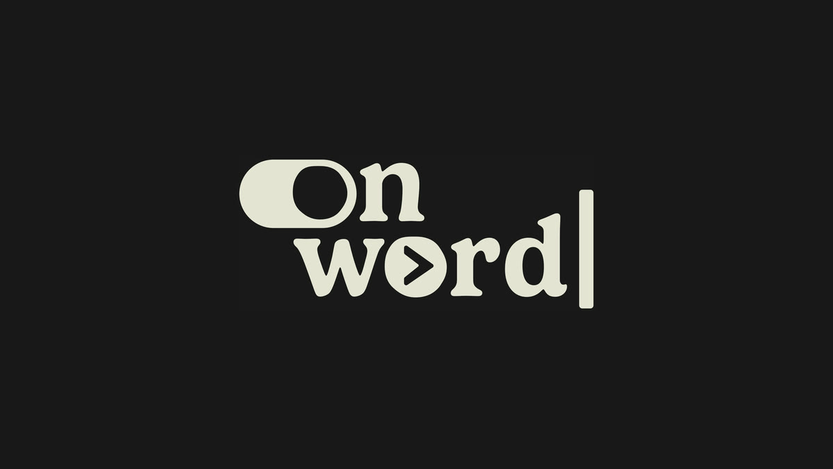The Onword wordmark: a play triangle set inside the O, with a text cursor after the final letter.