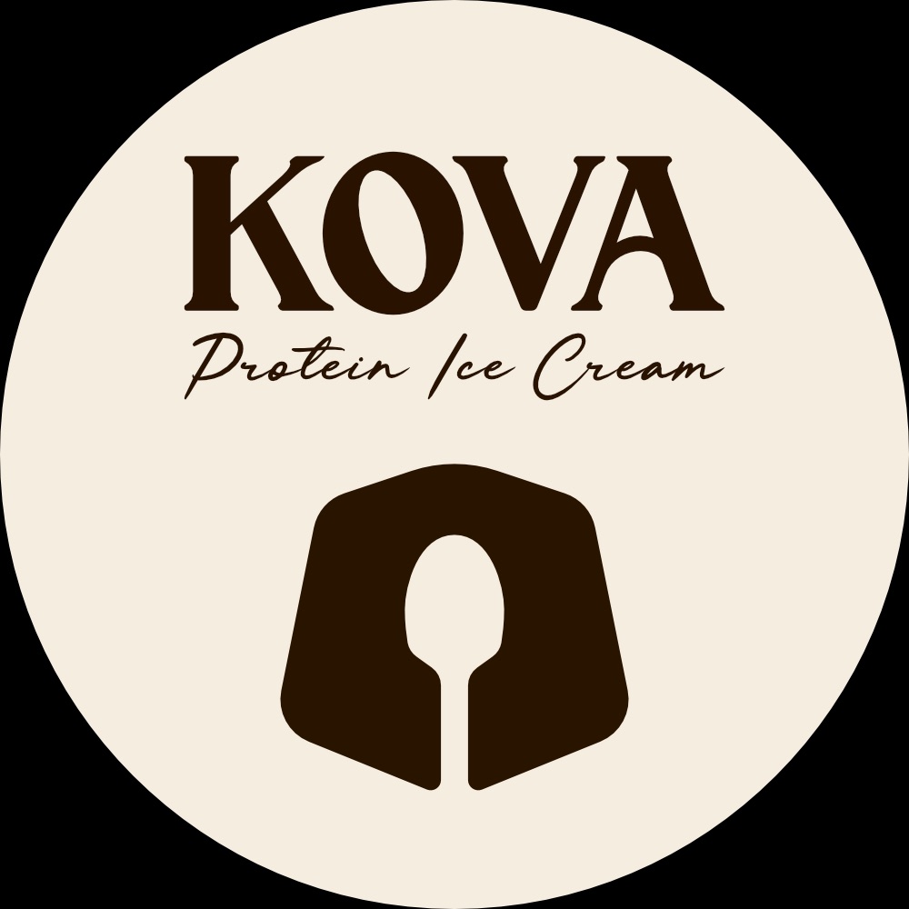 KovaLux lid: the same serif wordmark and script subhead with the bear&rsquo;s snout mark below it, brown on a cream circle.