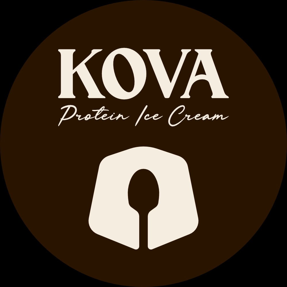 The same KovaLux snout lid inverted: cream wordmark and snout on a brown circle.