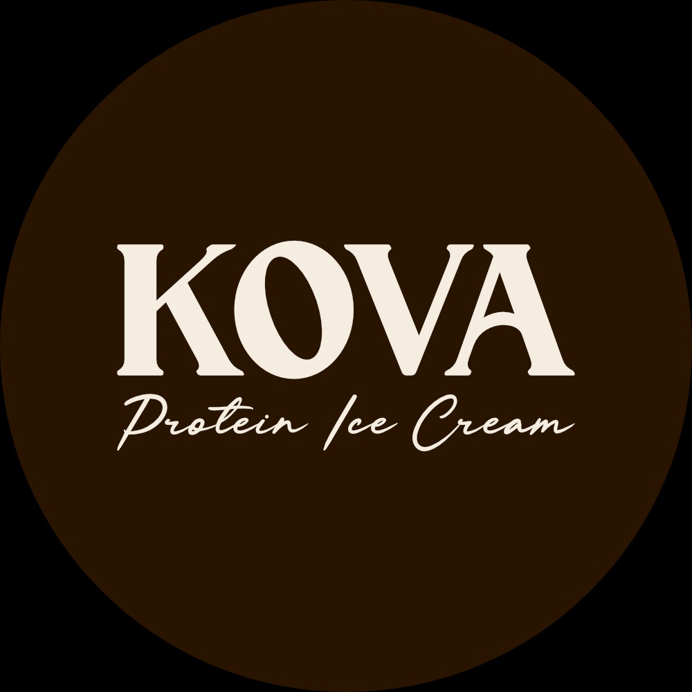The same KovaLux wordmark lid inverted: cream lettering on a brown circle.