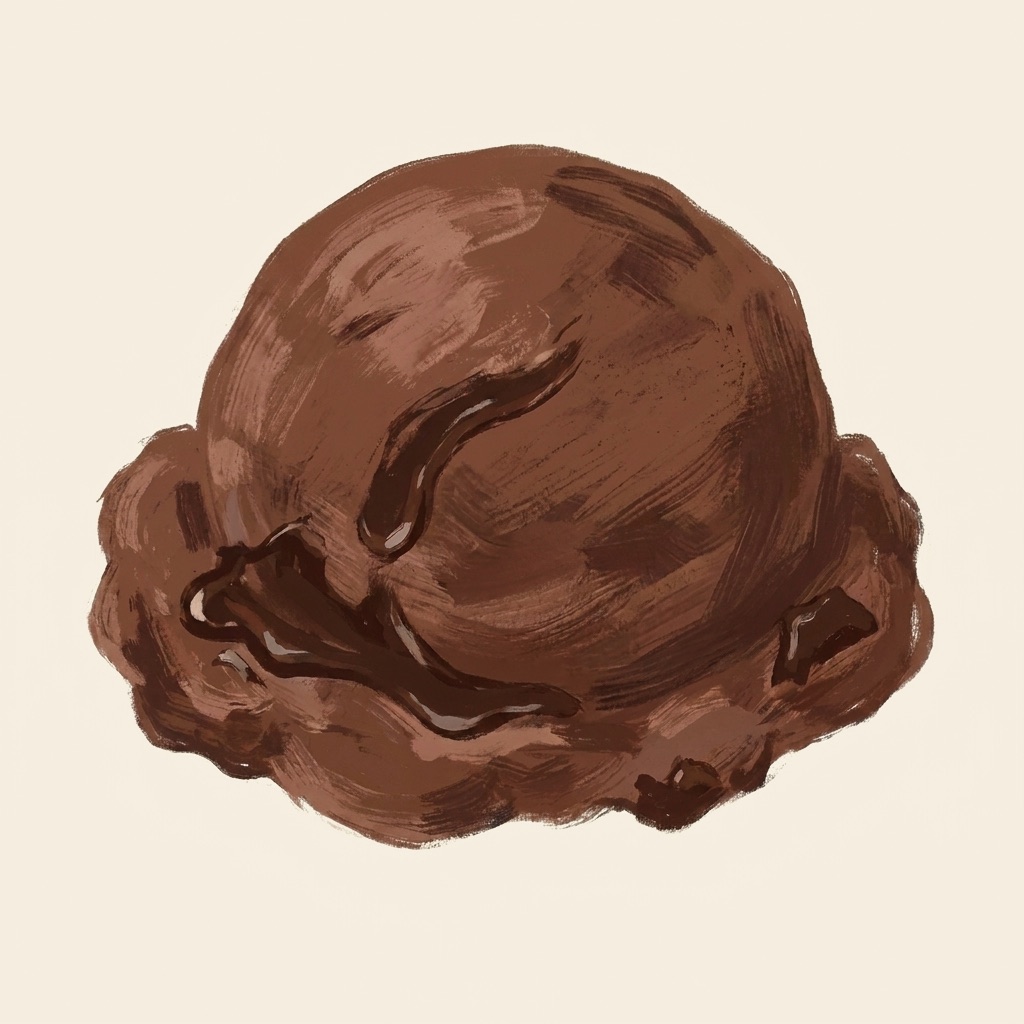 A painterly gouache illustration of a fudge scoop with sauce, on the same cream ground.