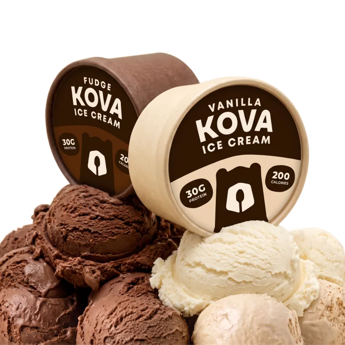 Kova's two flavours: a fudge cup and a vanilla cup leaning together on a mound of chocolate and vanilla scoops. Each lid reads 30g protein, 200 calories.